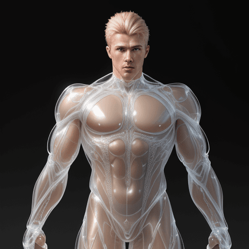 AI generated: Hyper realistic muscular blonde man in a transparent and translucent plastic suit, 8k, intricate det...
