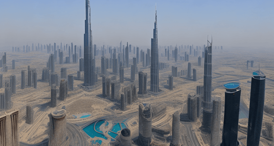 AI generated: Burj Khalifa Shanghai Tower Abraj Al-Bait Lotte World Tower all in one photo