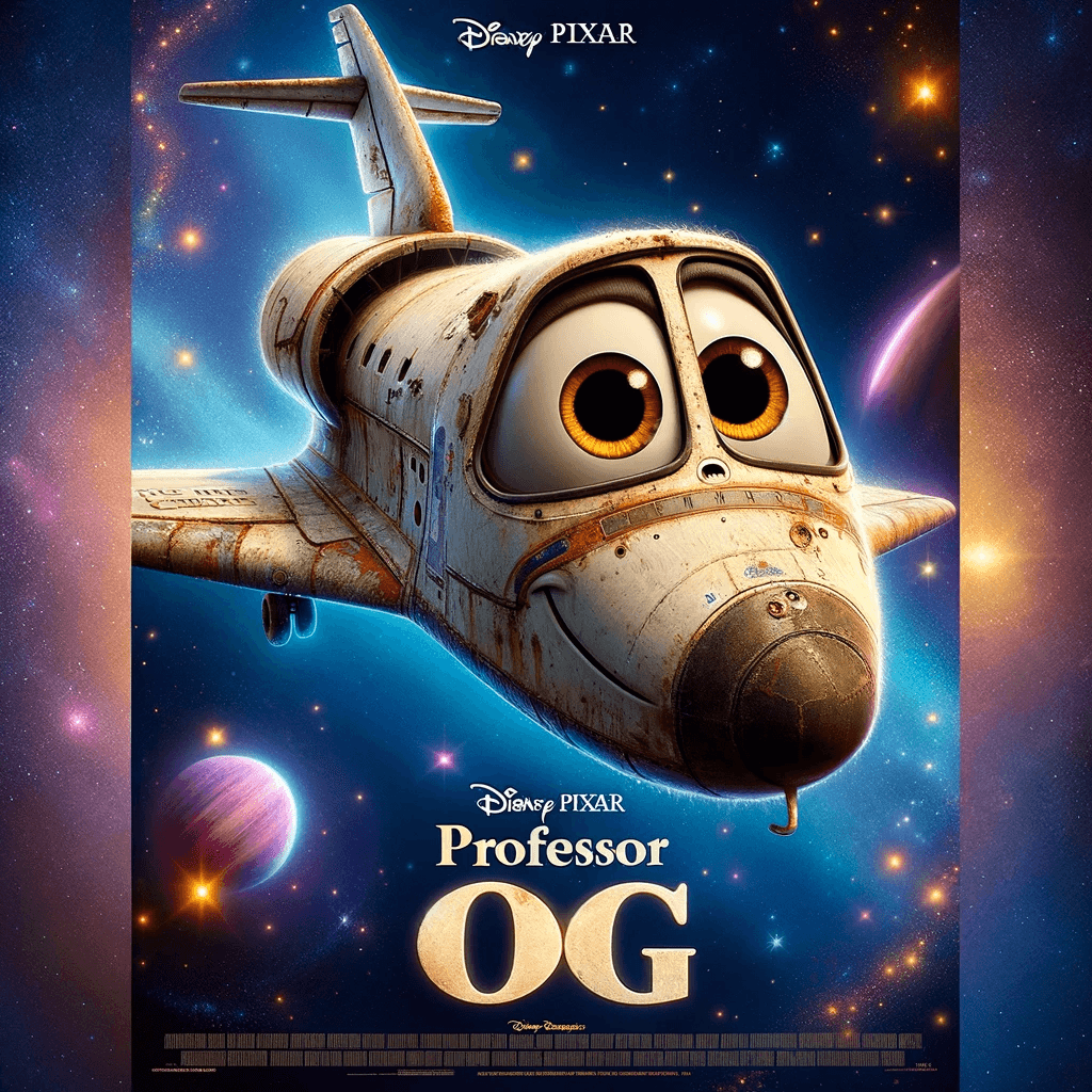 AI generated: Movie Poster, Disney Pixar, an anthropomorphic, dirty and used space shuttle, with a Pixar Title fon...