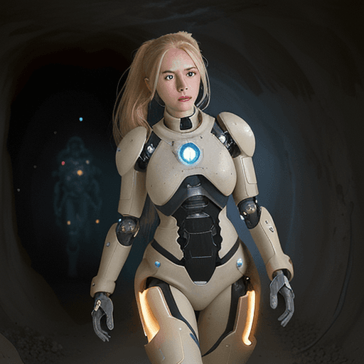 AI generated: 2D Animation of a freckled woman with ponytailed blonde hair, in a mechanized exosuit. She's in a va...