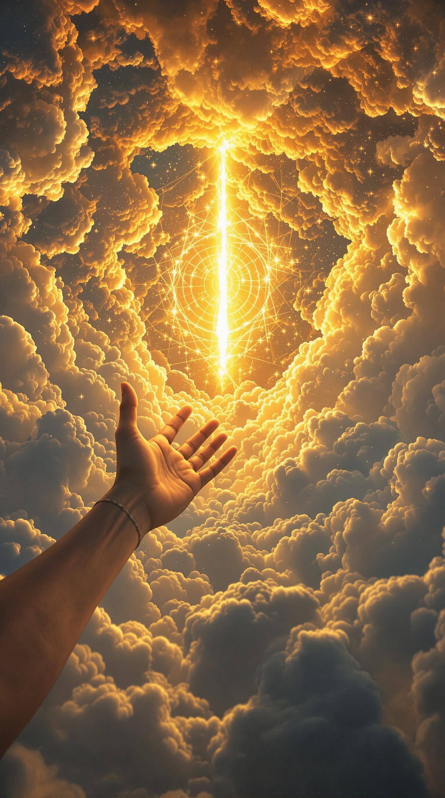 AI generated: first person POV, hands reach into a glowing rift in the sky, gold light bleeding through, clouds pa...