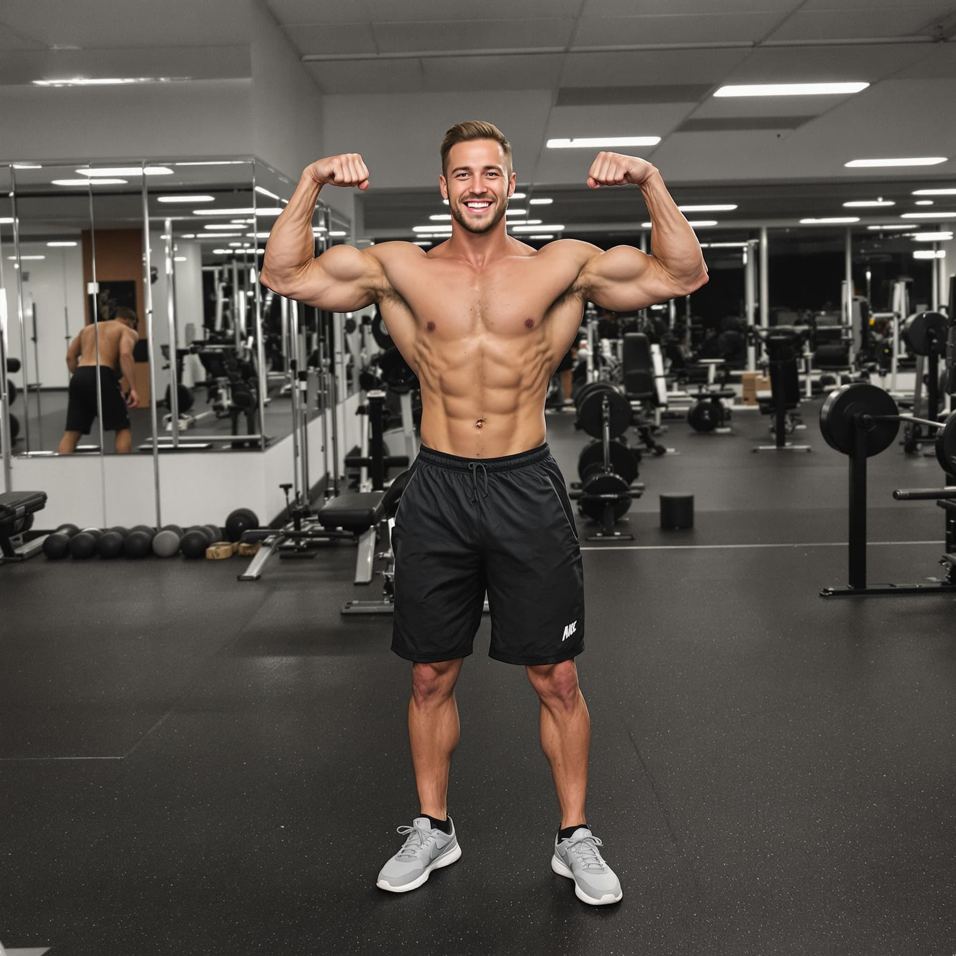 AI generated: fit man at the gym, wearing only shorts and sneakers and flexing his biceps while smiling