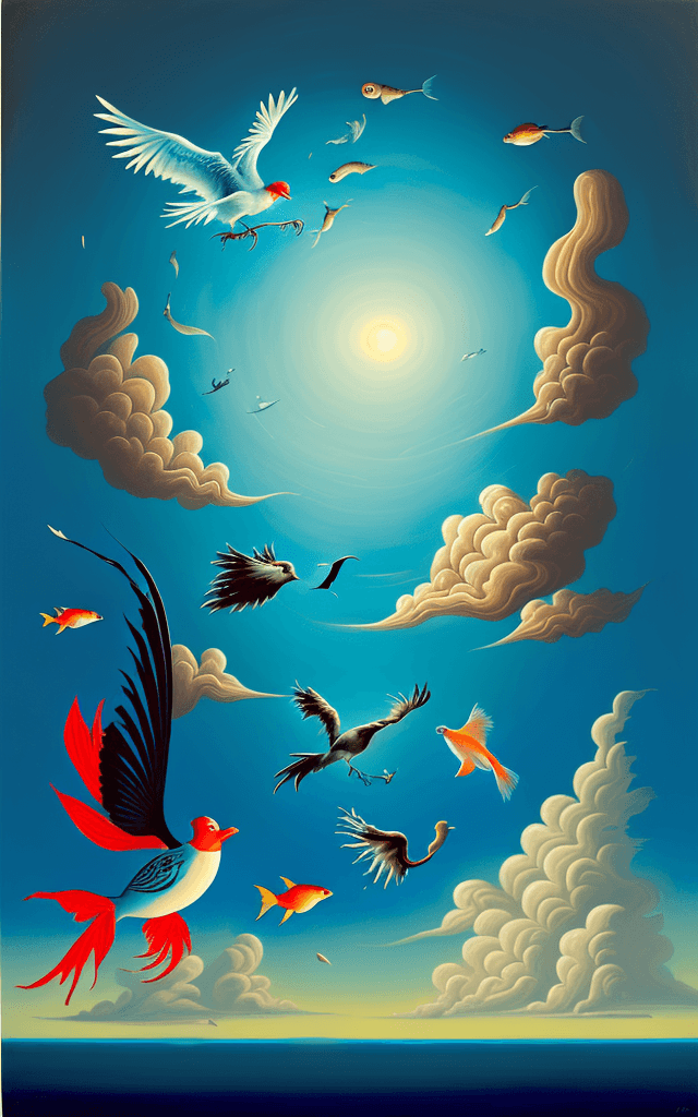AI generated: a surrealist painting of one bird flying underwater and one fish flying through the clouds.