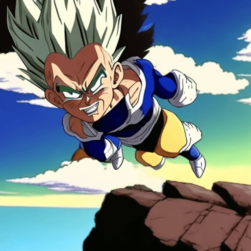 AI generated: Vegeta standing on edge of a cliff with his hair flying due to wind on planet Namek, Ghibli studio