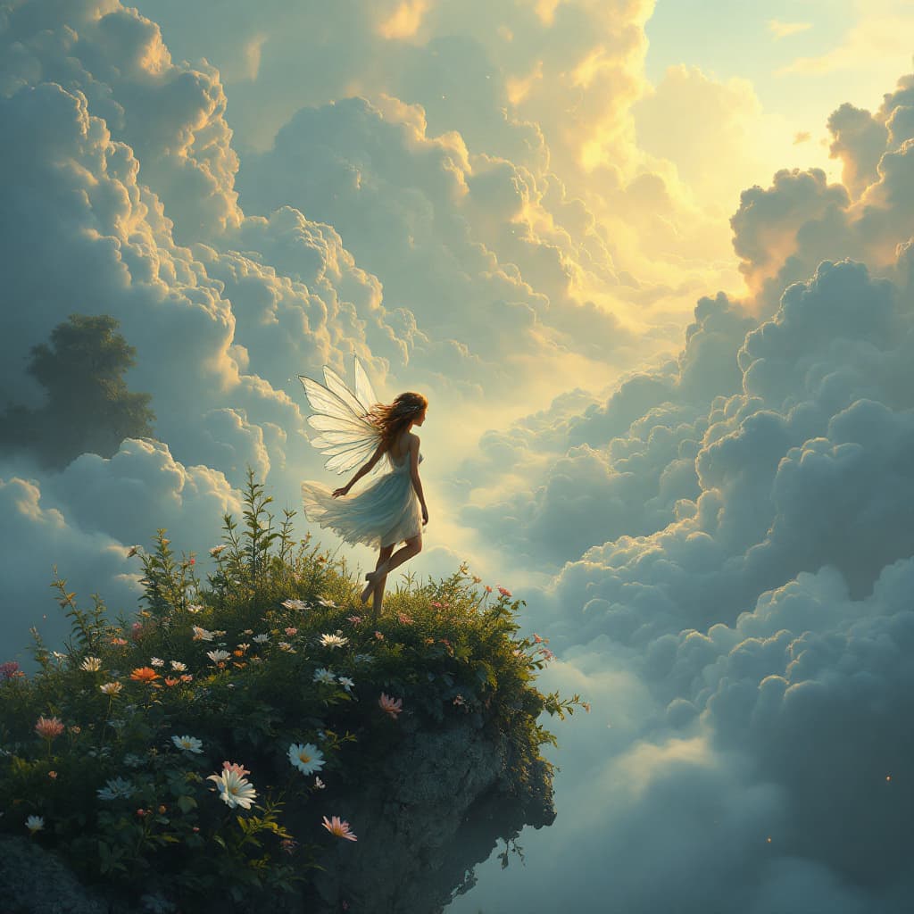 AI generated: A fairy walking through the clouds