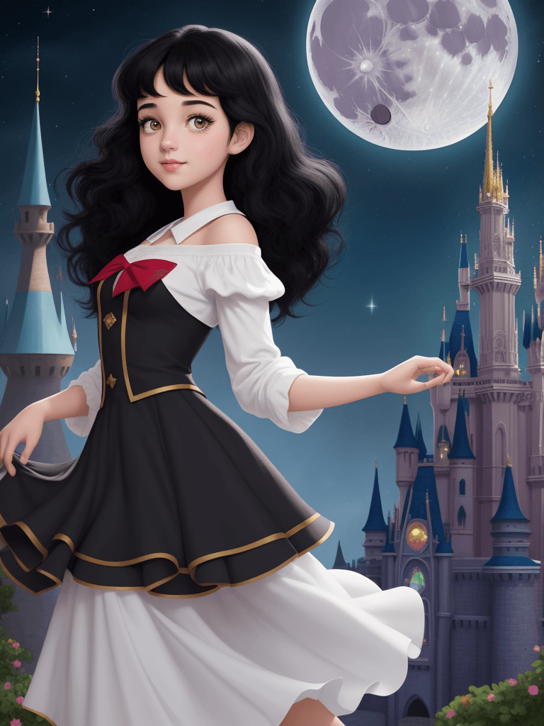 AI generated: black hair, disney style, cute, pretty, fantasy, university student, moon