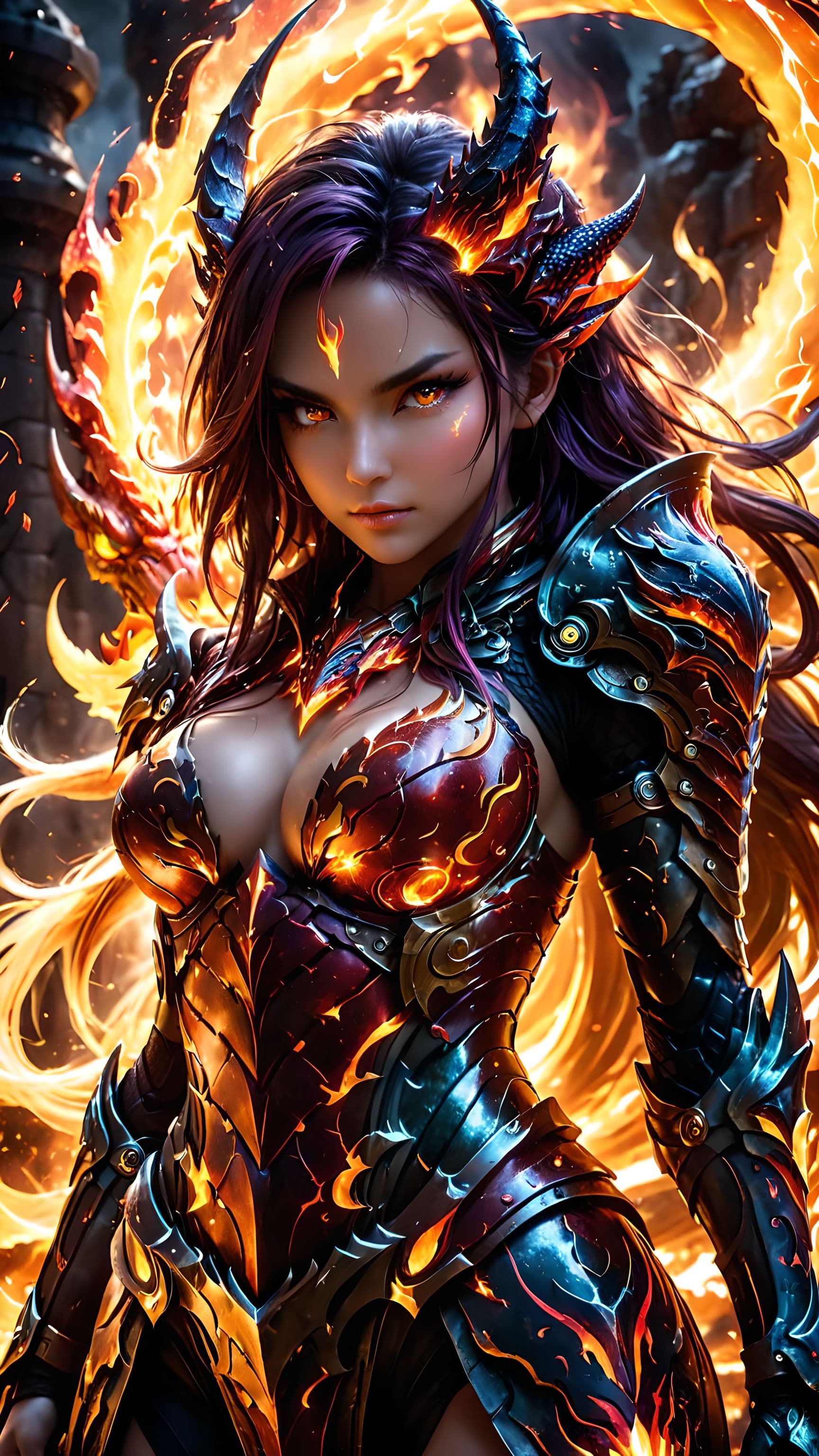 AI generated: A thunderous Drakania clad in formidable dragon-forged plated armor, its surface seared with crimson...