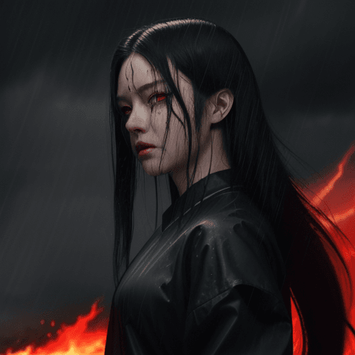 AI generated: anime::2, young god, Boss, in a rainstorm, thunders in background, scary, 4k, insane, red eyes, flam...
