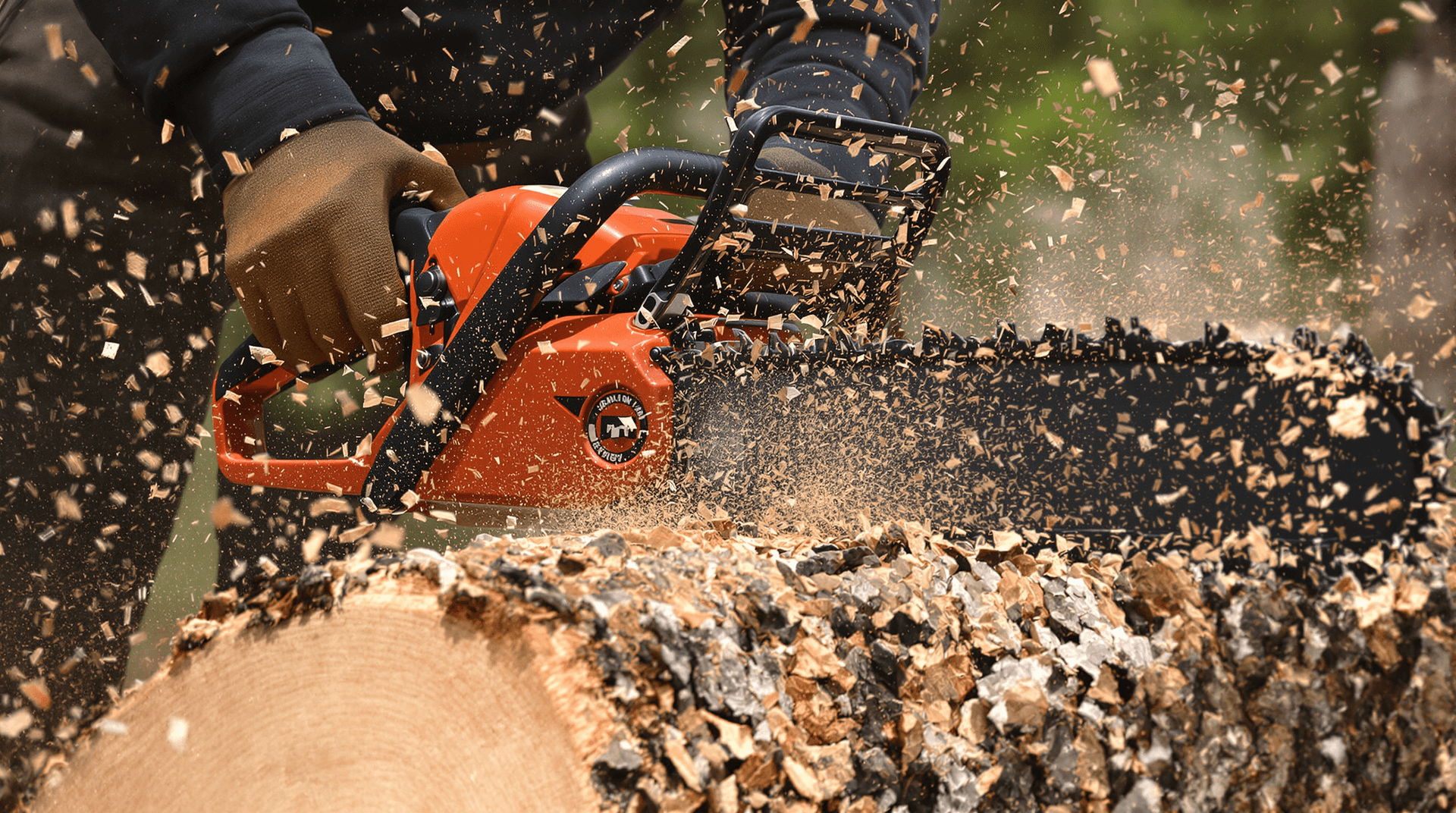 AI generated: Chainsaw cutting wood, flying sawdust particles, dynamic action shot, close-up detail, powerful tool...