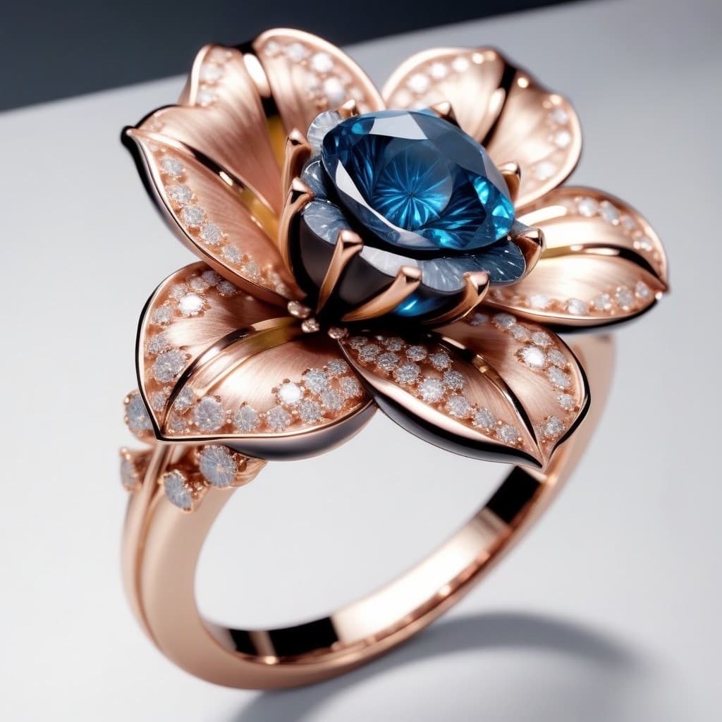 AI generated: Jewelry design, a ring with bright rose-cut blue diamonds, surrounded by small lily-of-the-valley fl...