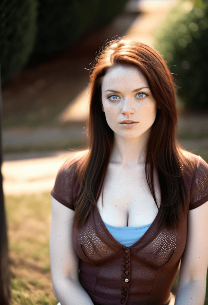 AI generated: This is a photograph of a woman sitting outside on a sunny day. Wearing a short sleeve, form fitting...