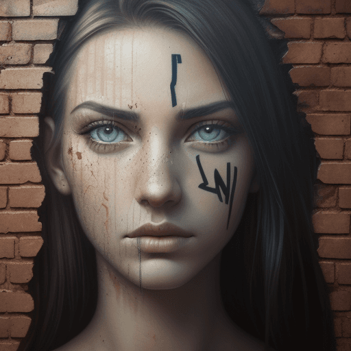 AI generated: Wall, brick, two halves of someone else's face, deep sadness, graffiti, surrealism, cinematic, hyper...