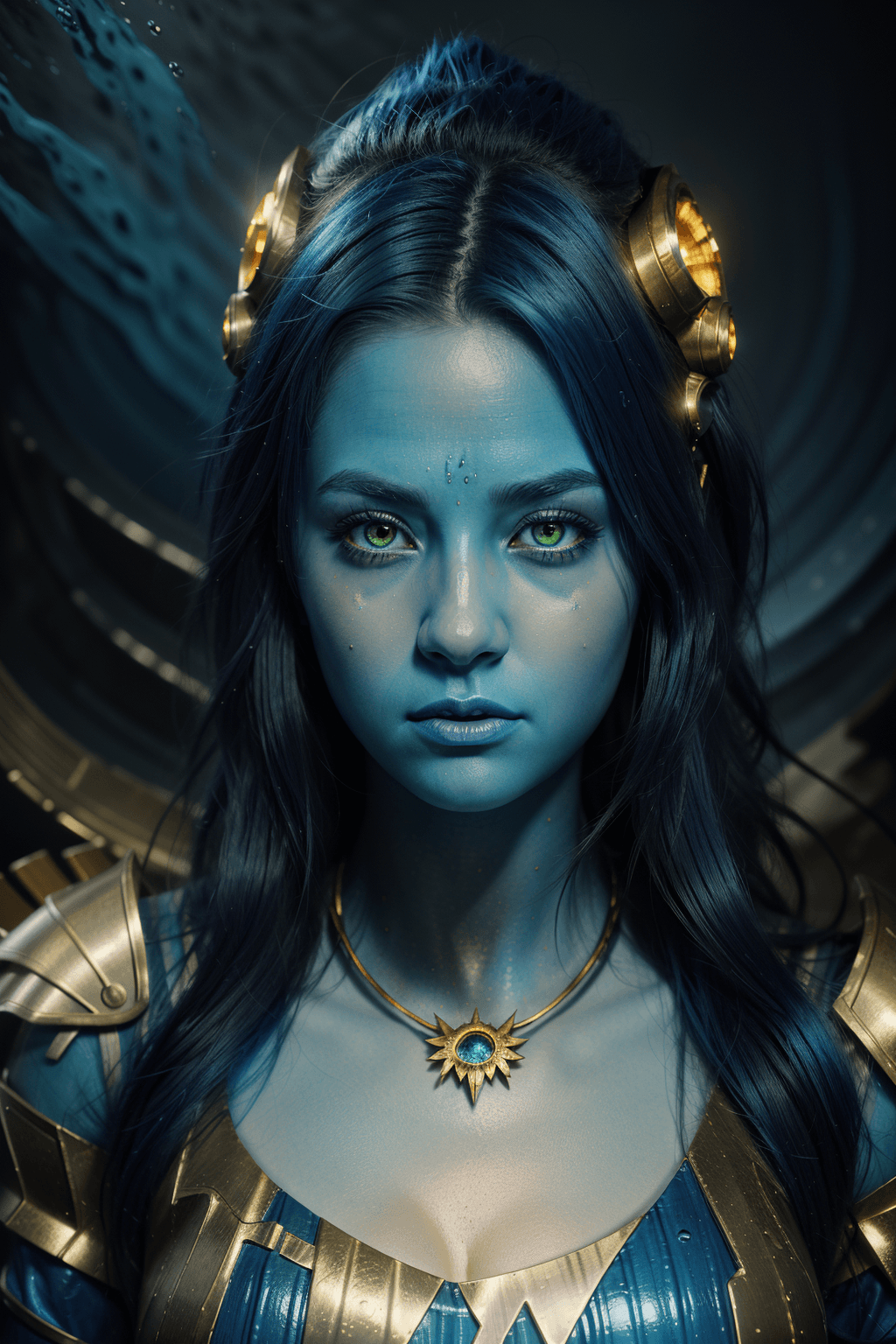 AI generated: anthropomorphic fem incredible creature from the Mariana Trench, ultramarine hair and gold eyes, ult...