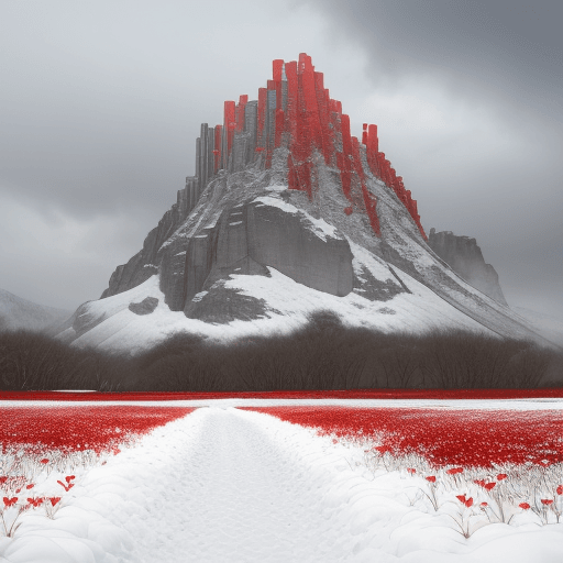 AI generated: Snow scenery, Snow road, red lilies blooming, two crumbled towers in the distance, grey clouds,