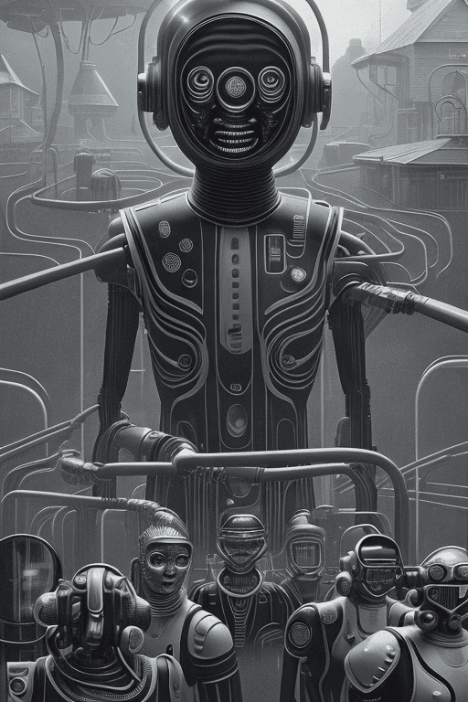 AI generated: A retro-futuristic 23rd century rural town, strange beings with bright black heads and highly articu...