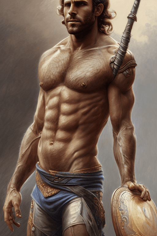 AI generated: painted portrait of rugged Emmanuel Macron, god of thunder, greek god,  masculine, mature, handsome,...