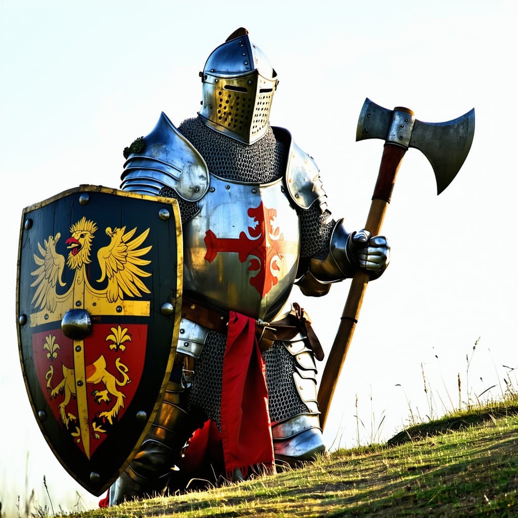 AI generated: a medieval knight in full plate armour, on foot, p.o.v. full body, holding a shield with his coat of...