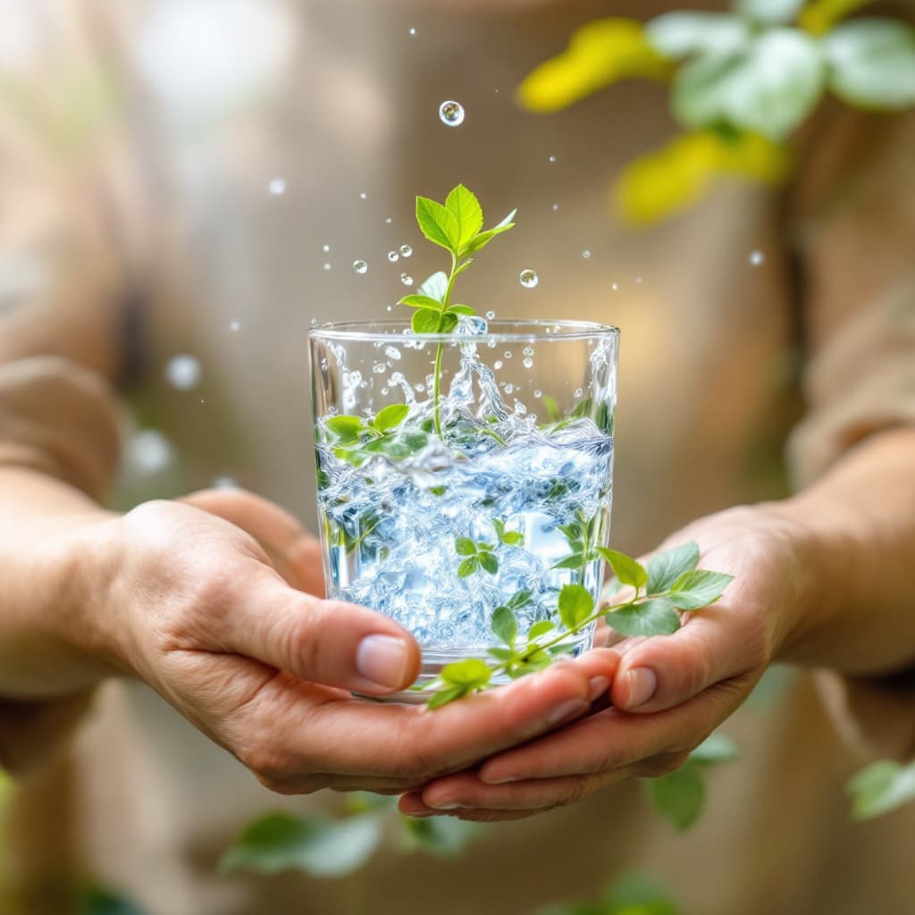 AI generated: drop of pure water to form two water transparent person playing on top of green leafs