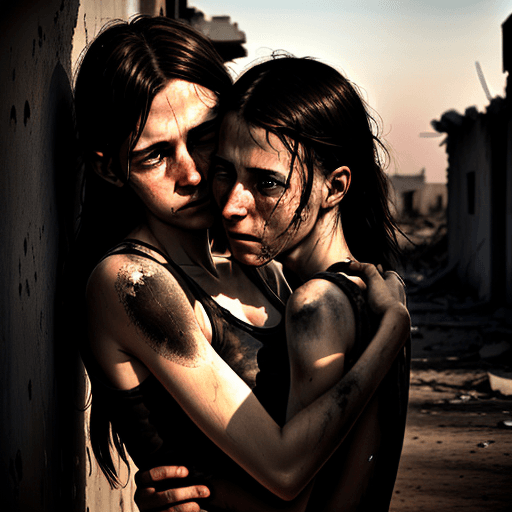 AI generated: raw photograph of two lovers in a war-torn country, embracing each other as they contemplate what it...