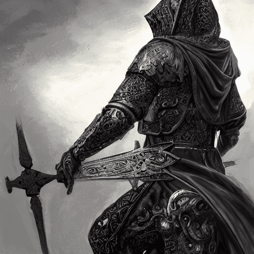 AI generated: A hooded knight rides a black stallion holding a scale in his hand, flames from the ground, artwork ...