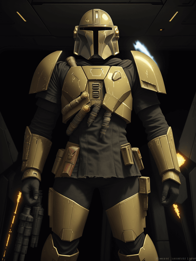 AI generated: A haunting scene of a mandalorian with a golden armor| golden armor(red glowing eyes:1.2)| in a rell...