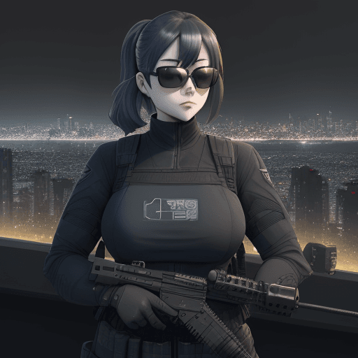 AI generated: a solder wearing sunglasses posing in front of the city, in the style of dark gray and dark azure, c...