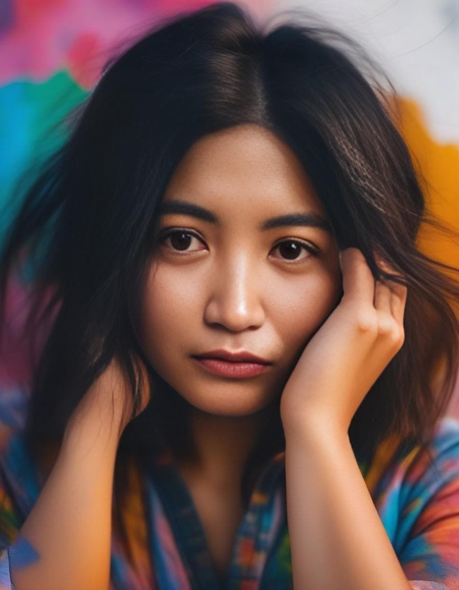 AI generated: Close-up photo of a worried girl, with messy hair, hands on forehead, looking far, vibrant colors, d...