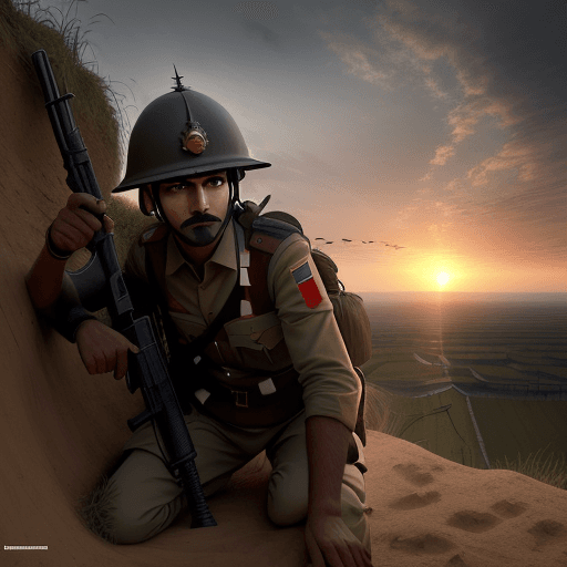 AI generated: stunning high angle full length shot of a indian soldier with rifle and helmet in a trench at the Ba...