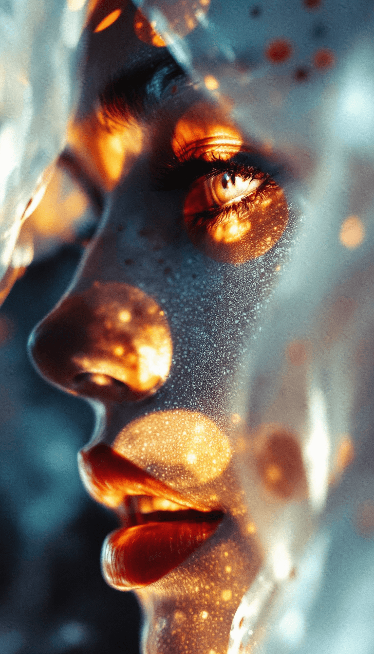 AI generated: close up macro shot, perforated holes in face, white cloth made from fiberoptic cables, depth of fie...