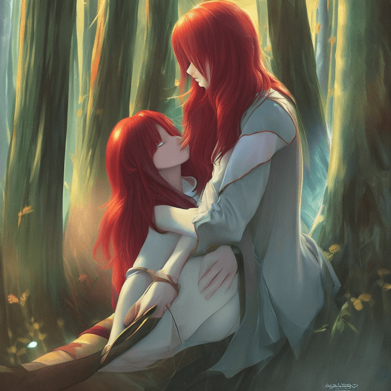 AI generated: a boy and a girl sitting together and hugging in a forest. girl has long flowing red hair. boy has l...