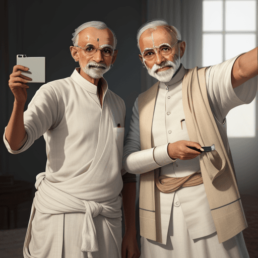 AI generated: Mahatma Gandhi is wearing his iconic white dhoti and shawl. He is holding a smartphone and taking sl...
