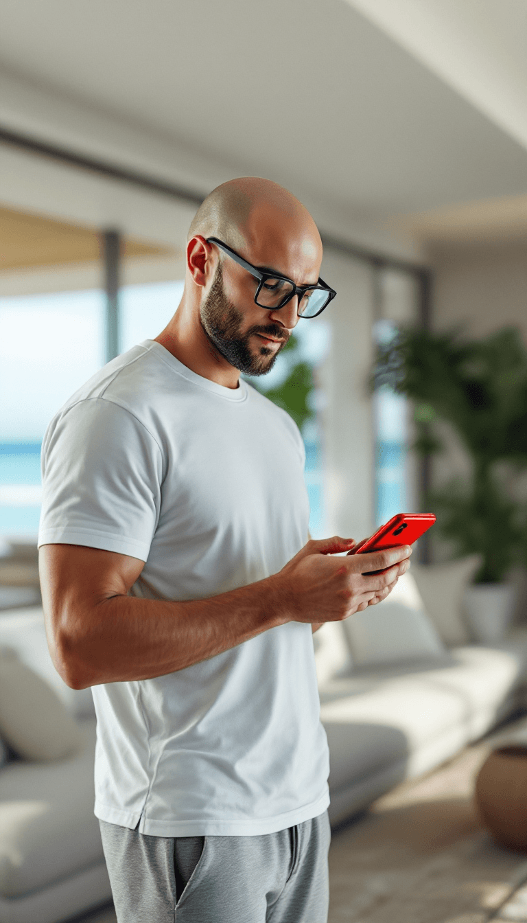 AI generated: Hyper-Realistic photo, young Caucasian bald man, clean face, clean shaved face, rounded rectangular-...