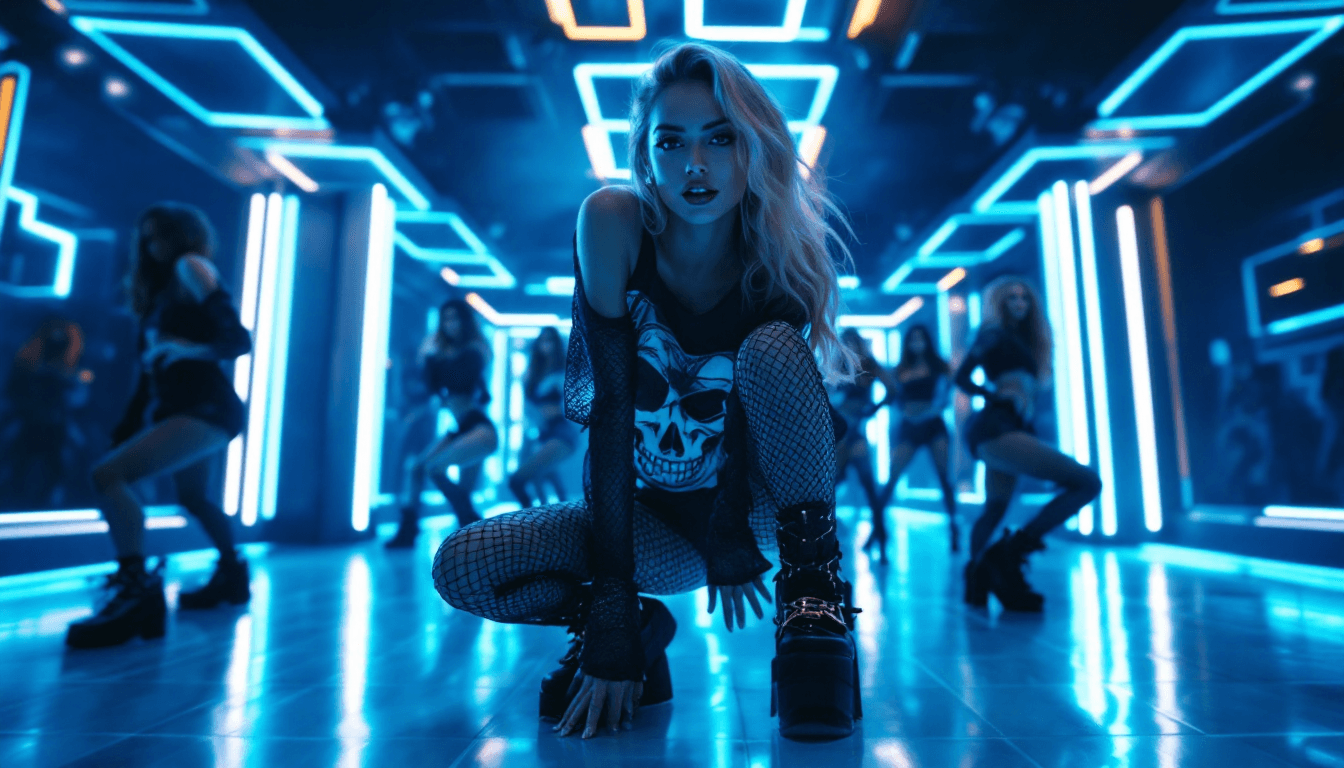 AI generated: Mid-20s Stunning  woman, Blonde Hair, performing a sensual dance routine.  Latin American ethnicity....