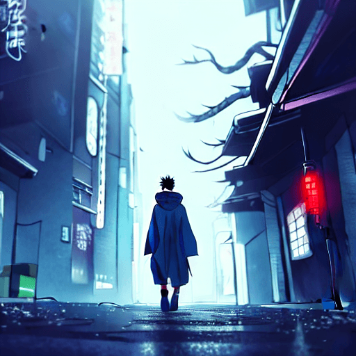 AI generated: anime key visual of man in grey cloak with dagger walking in Cyberpunk Tokyo City, from the anime Ch...
