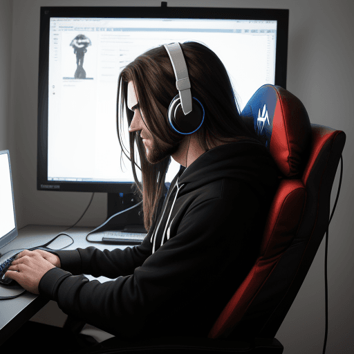 AI generated: guy, on gaming chair, wearing headphones, hoodie,  long hair, facing computer, side view, minimalist...