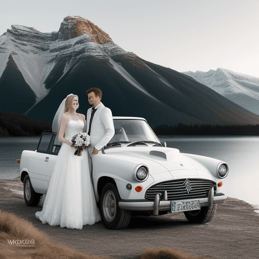AI generated: Foto realista de una pareja de novios de 19 años. Carro wolsvagen blanco. Posan en un paisaje desert...
