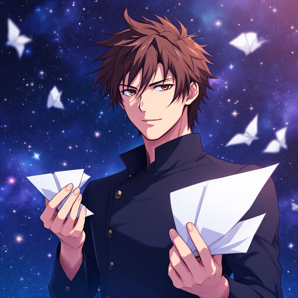 AI generated: The anime poster features the handsome protagonist, holding and folding paper in his hand ,The backg...