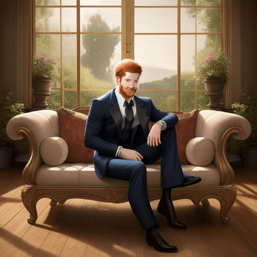 AI generated: Handsome Prince Harry caricature look a like character sitting on a couch in the middle of the room,...