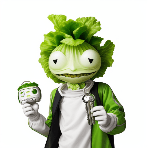 AI generated: A lettuce Martian holding apartment keys in his hands. Martian smiling. white background, flying sau...