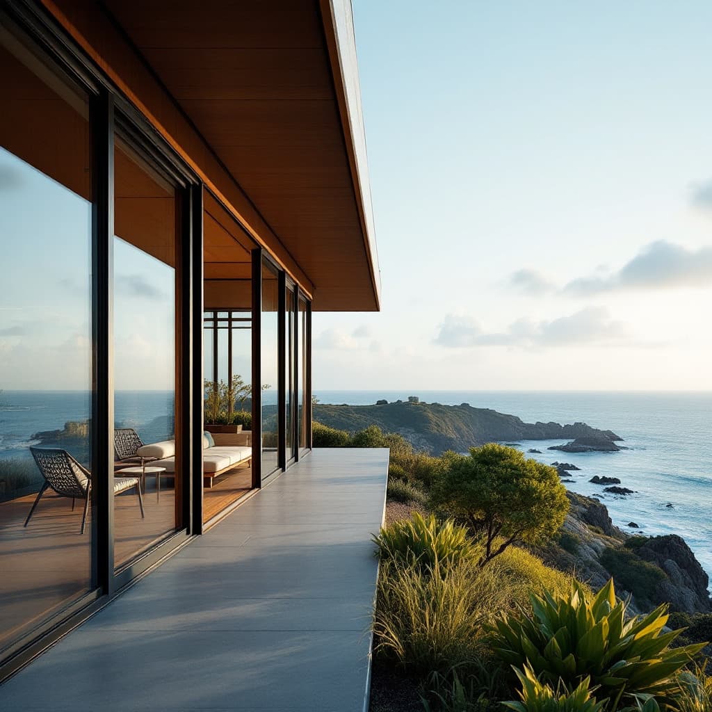 AI generated: Hyper realistic eye level exterior photo of a mid century modern style house overlooking the ocean, ...