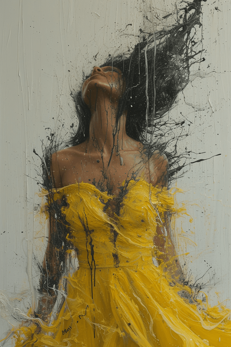 AI generated: a painting of a woman wearing a yellow dress, in the style of joram roukes, dance, neil gaiman, grac...