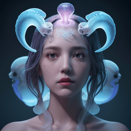 AI generated: Goddess close-up portrait ribcagel. jellyfish phoenix head, nautilus, orchid, skull, betta fish, bio...