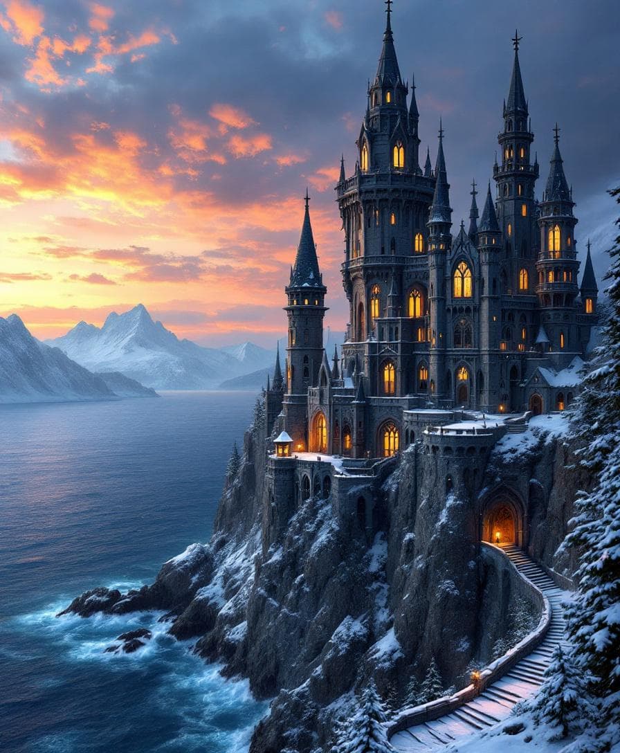 AI generated: A majestic, intricate Gothic castle inspired by Game of Thrones, perched dramatically on a steep, ja...