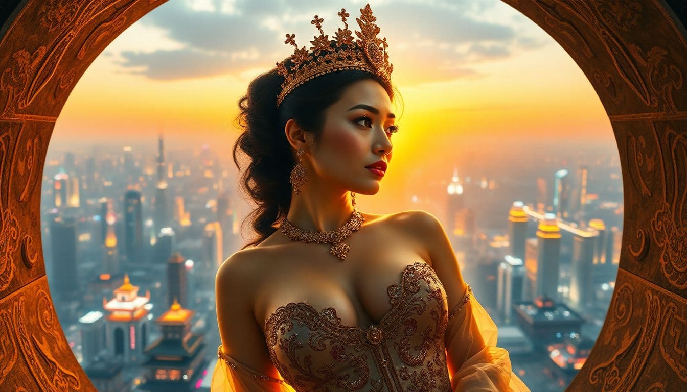 AI generated: an elegant woman wearing delicate gold jewelry and an ornate headdress. She lies gracefully within a...