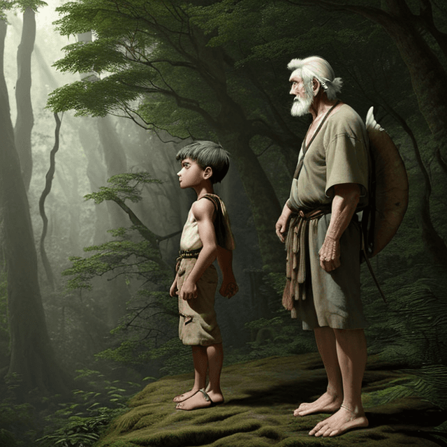 AI generated: side view of a young prehistoric boy and a tall and old prehistoric man.  Boy and Man stand nearby  ...