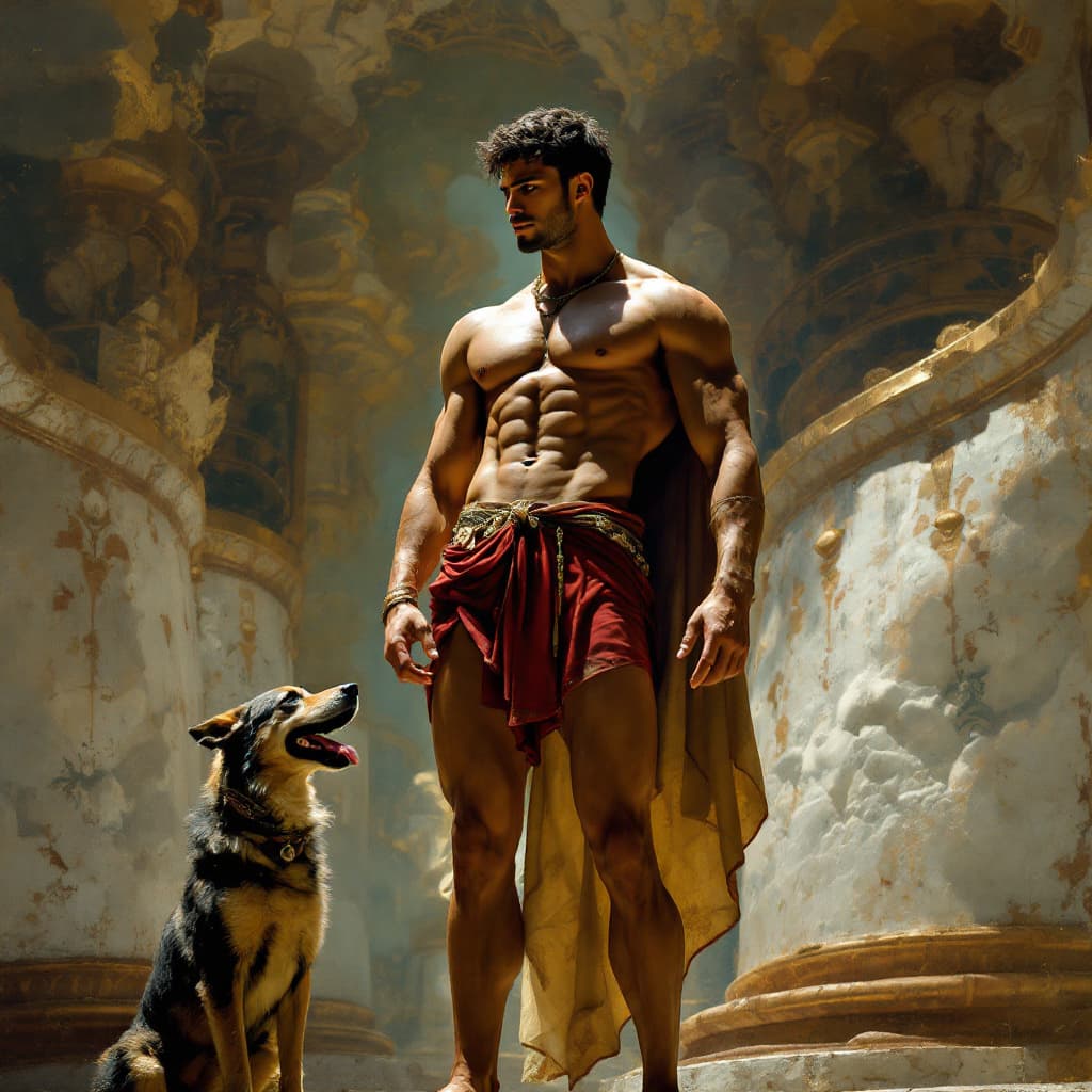 AI generated: Ultra-Wide Angle - Pull the camera very far back from subject, ANCIENT ROME, he has long legs, muscu...