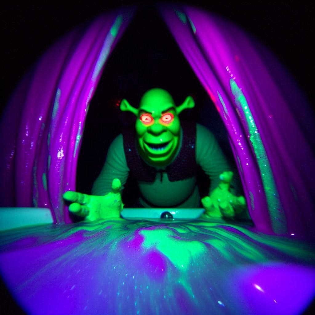 AI generated: vista despaldas, Shrek haciendo cosas extrañas y sin sentido dentro de un baño casero, desenfocado, ...