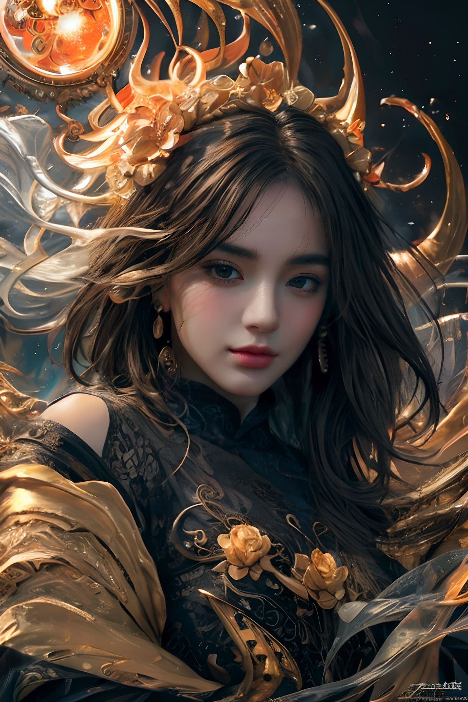 AI generated: [Jupiter, splash art, a close up liquid luminous moon lady made of colors, silver, red, orange, ligh...