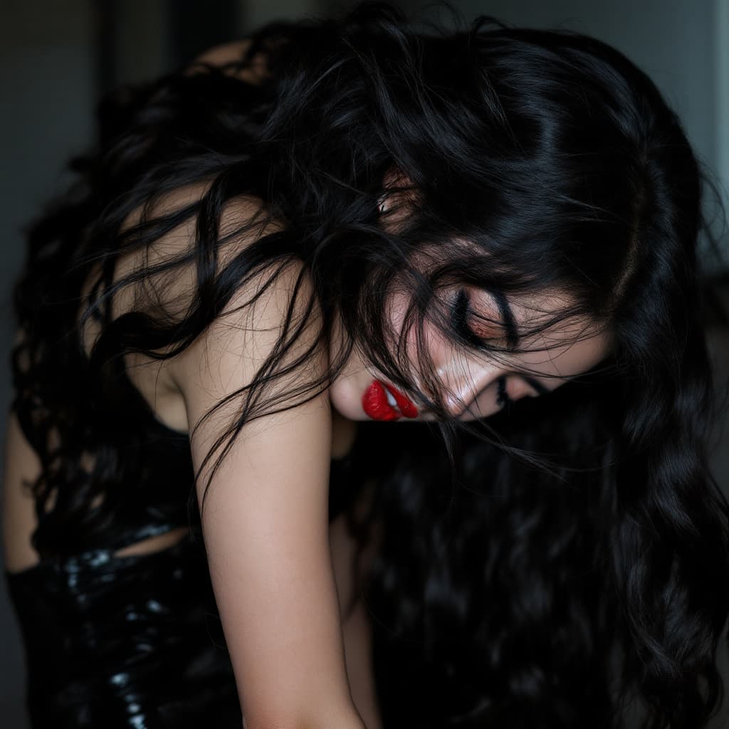 AI generated: A korean girl with wavy long dark hair bending over. Seductive face. Red lips. Latex clothing