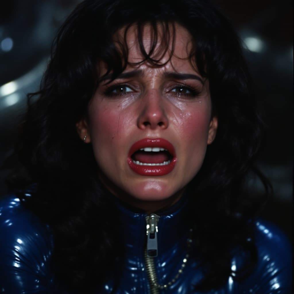AI generated: Very young Lynda Carter, dark brunette hair, tears crossing her face, crying, anguished, gagged, wea...